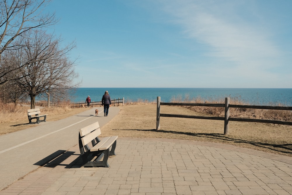 a park bench sitting on the side of a road