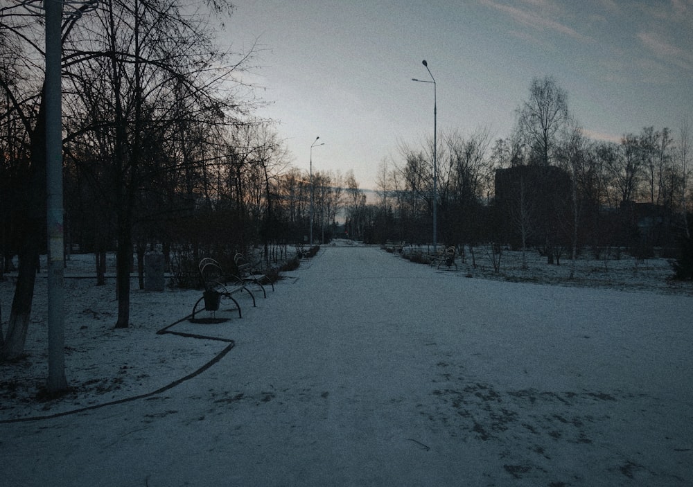 a snow covered park with benches and trees