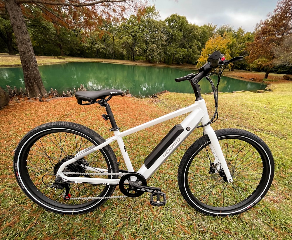 a white bicycle parked in the grass next to a lake