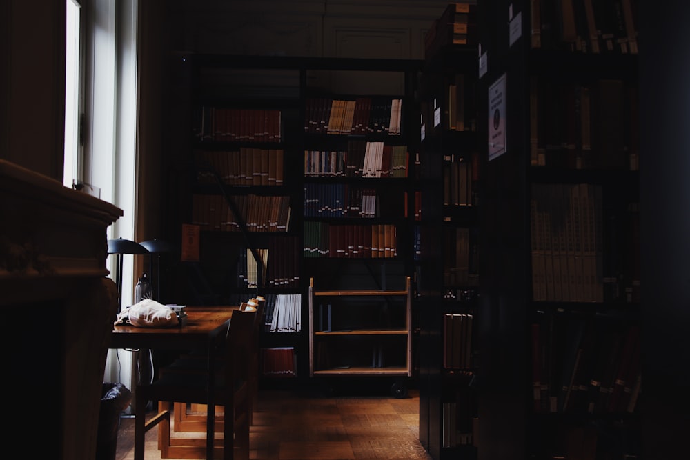 a dimly lit room with a desk and bookshelf