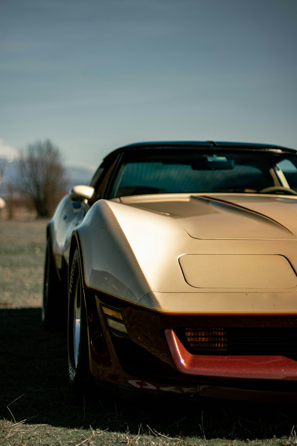 a gold colored sports car parked in a field