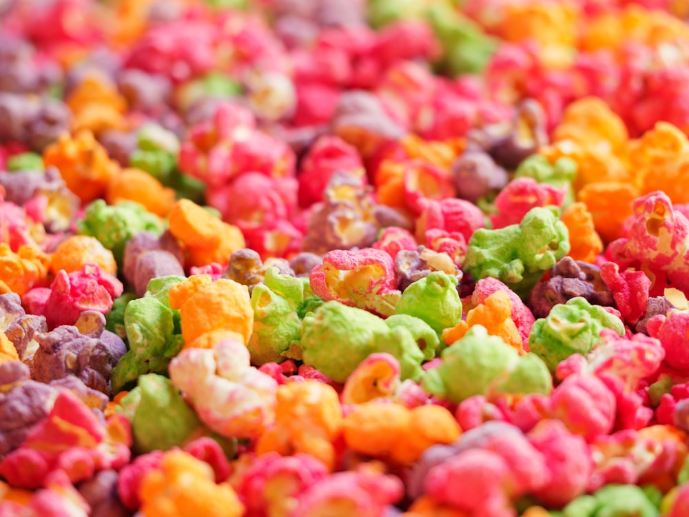 a close up of a mixture of colorful candy