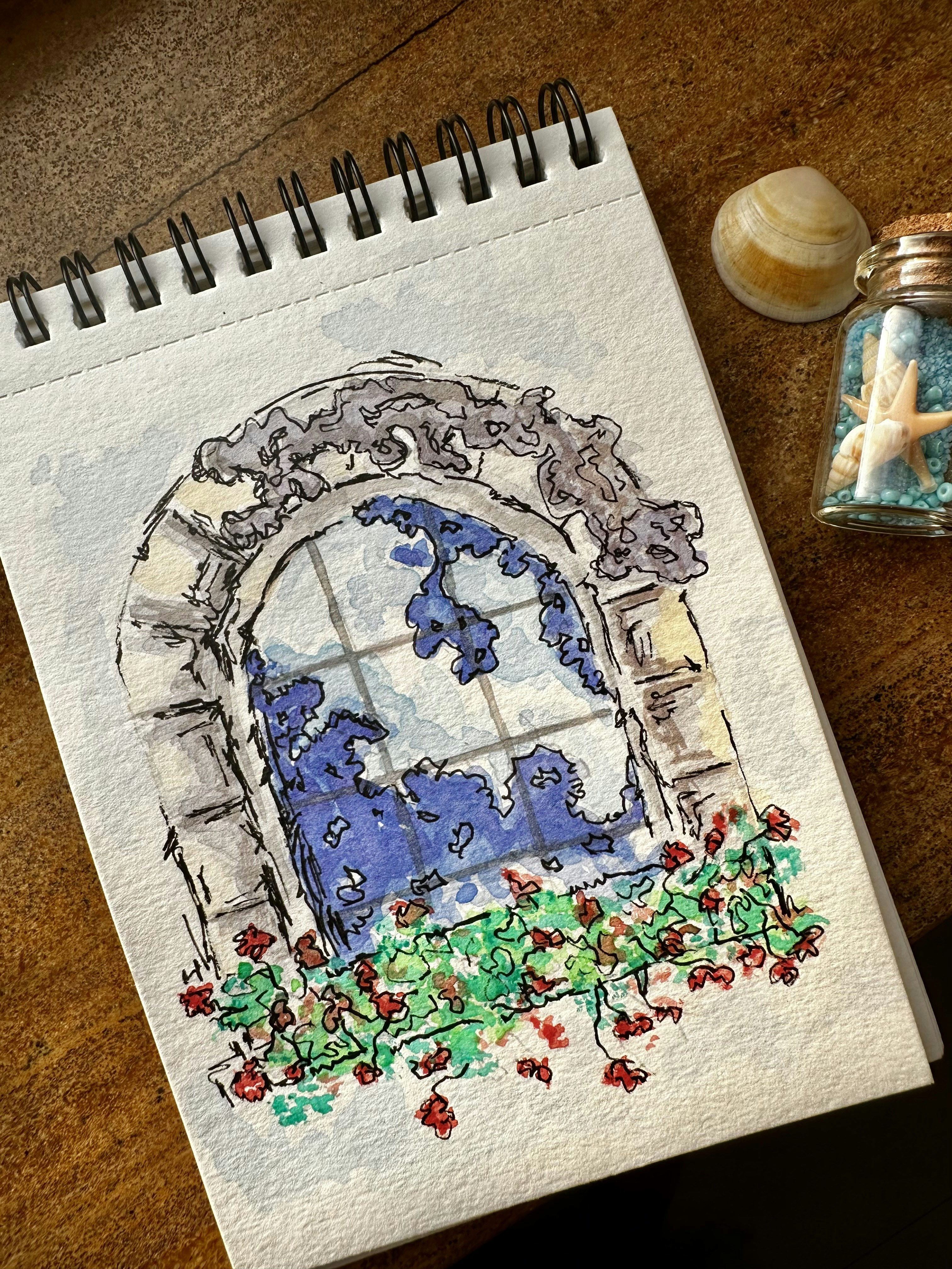 a drawing of a window with flowers on a table