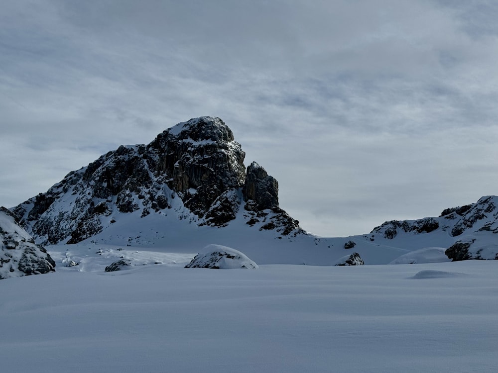 a mountain covered in snow with a sky background