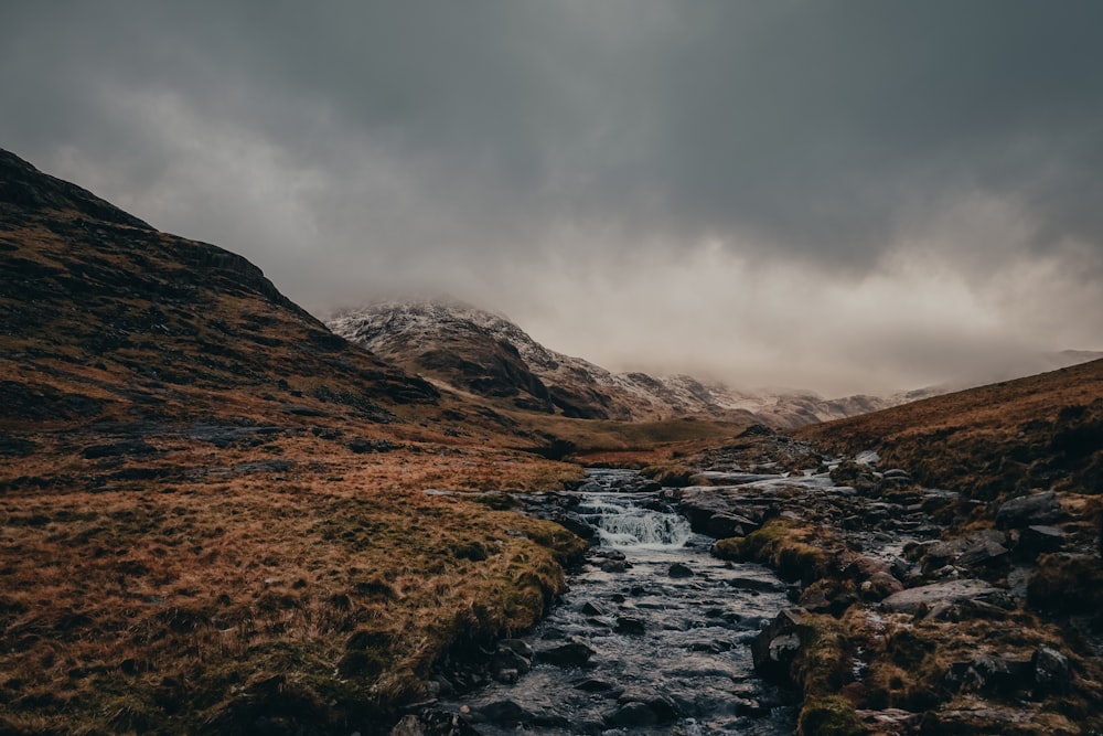 a stream running through a lush green valley