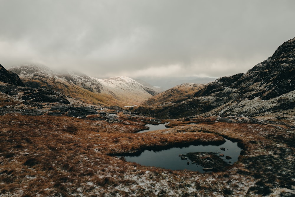 a small pond in the middle of a mountain