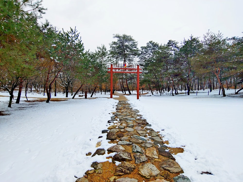 a stone path in the middle of a snowy forest
