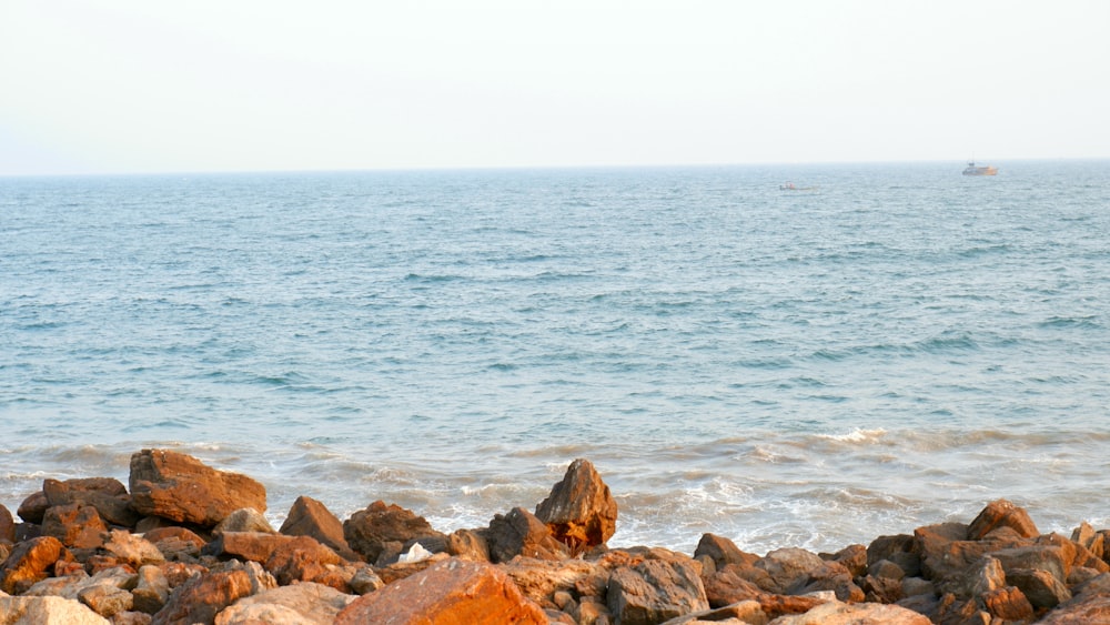 a large body of water sitting next to a rocky shore