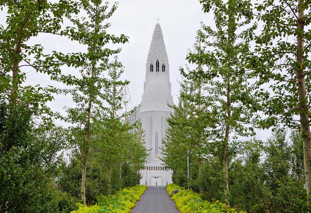 a tall white building surrounded by trees and bushes