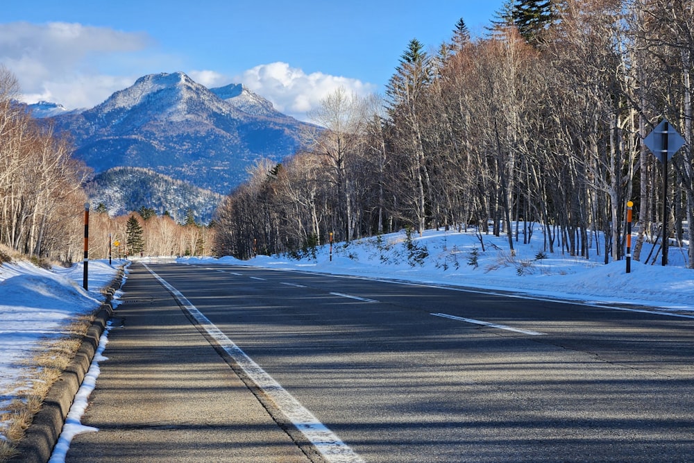 a road with a mountain in the background