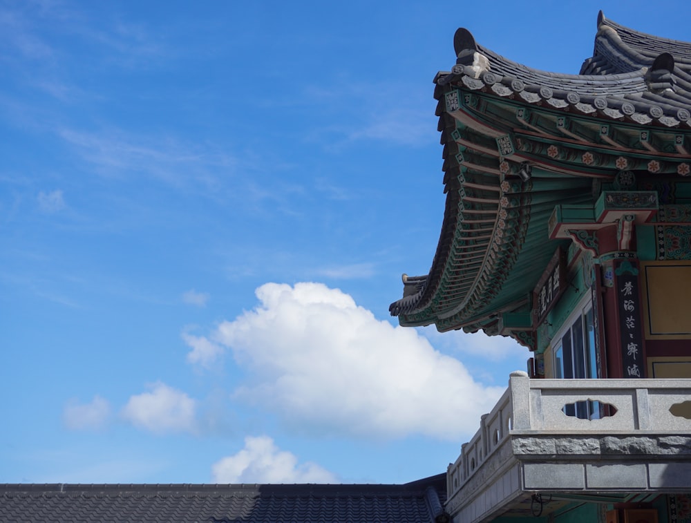 the roof of a building with a blue sky in the background