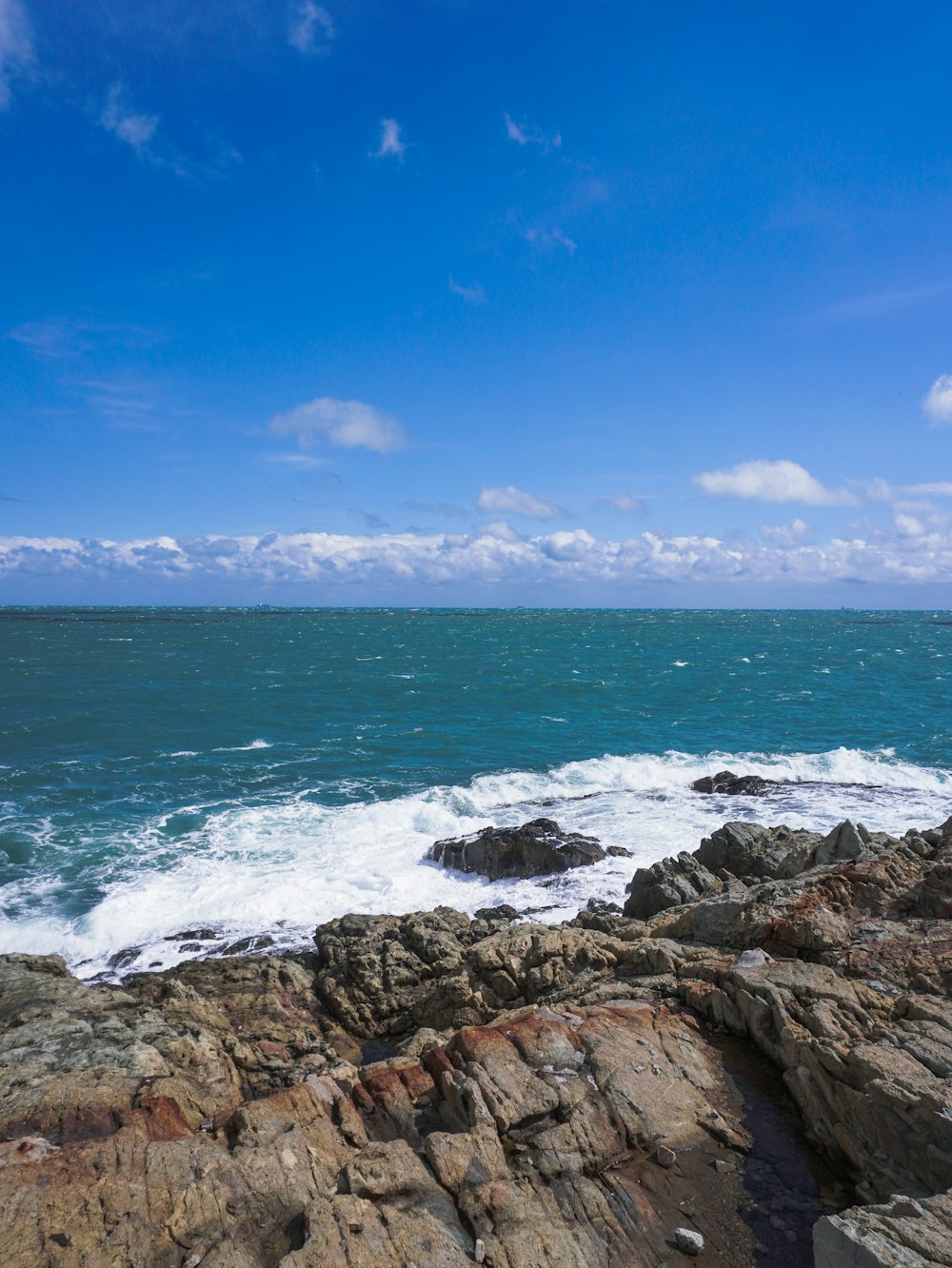 a person sitting on a rock near the ocean