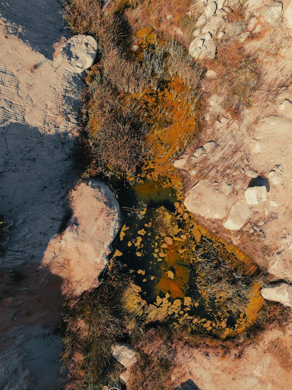 an aerial view of a small pond surrounded by rocks