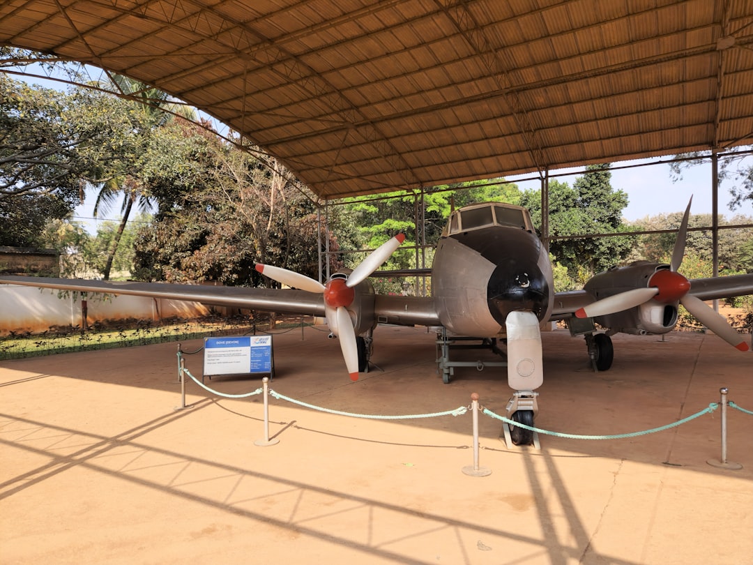 an old airplane is on display at a museum, The Devon is a twin engined tricycle gear aircraft inducted in 1948 and used 