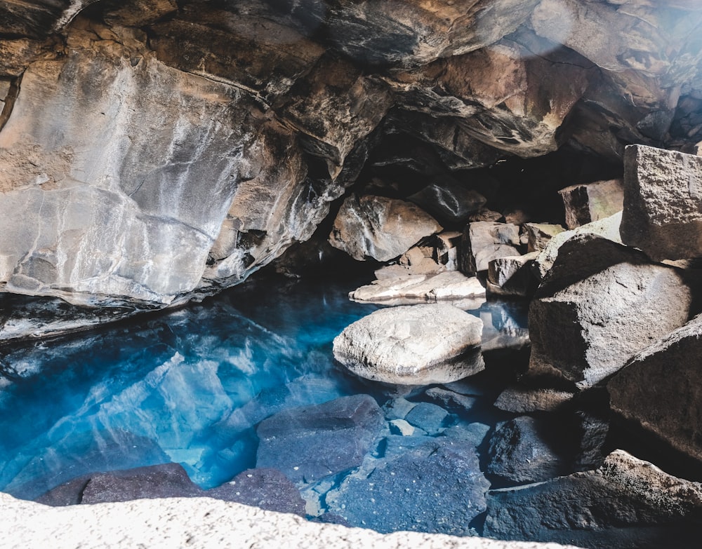 a small pool of water in the middle of some rocks