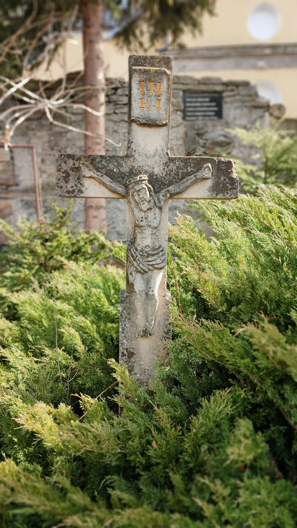 a stone cross in the middle of some bushes
