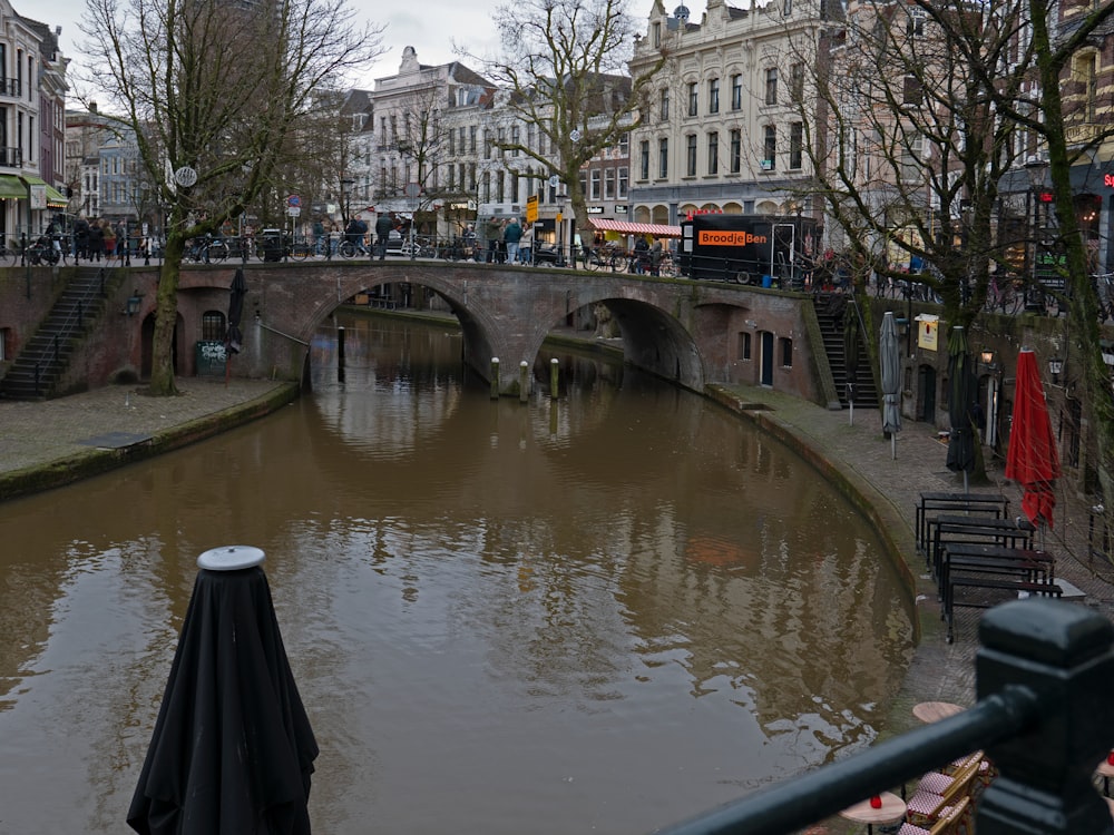 a river running through a city next to tall buildings