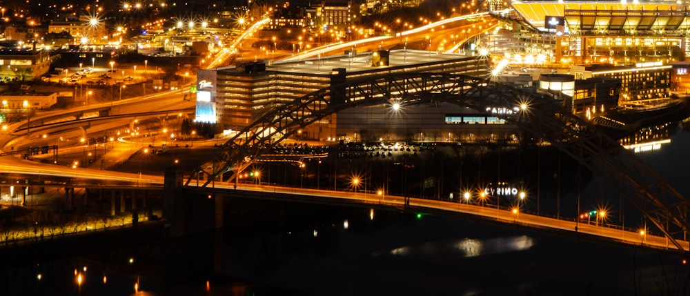 an aerial view of a city at night