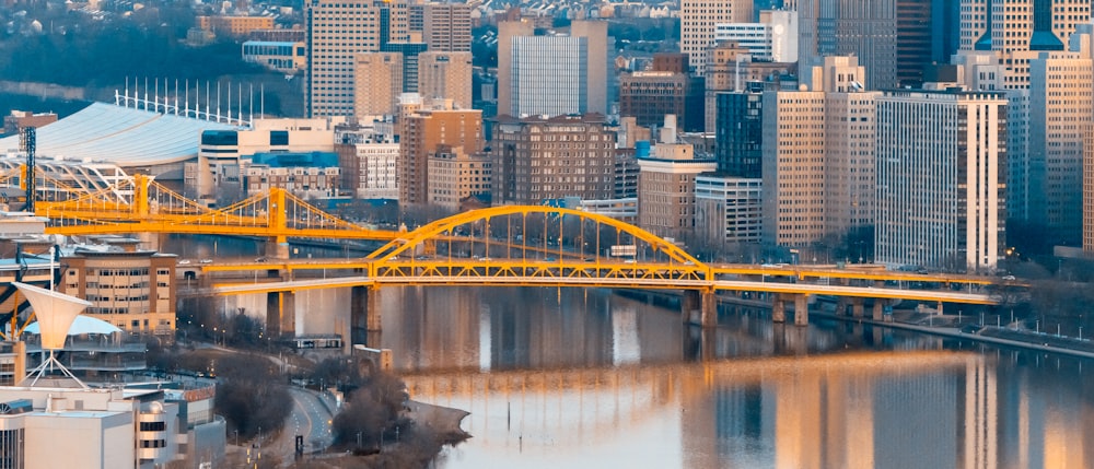 a bridge over a body of water with a city in the background