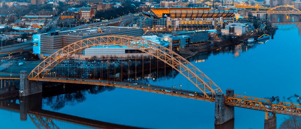 an aerial view of a city and a bridge