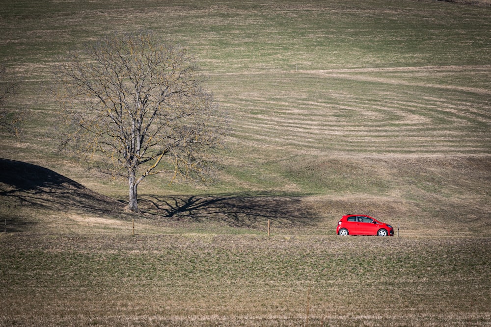 a red car parked in a field next to a tree