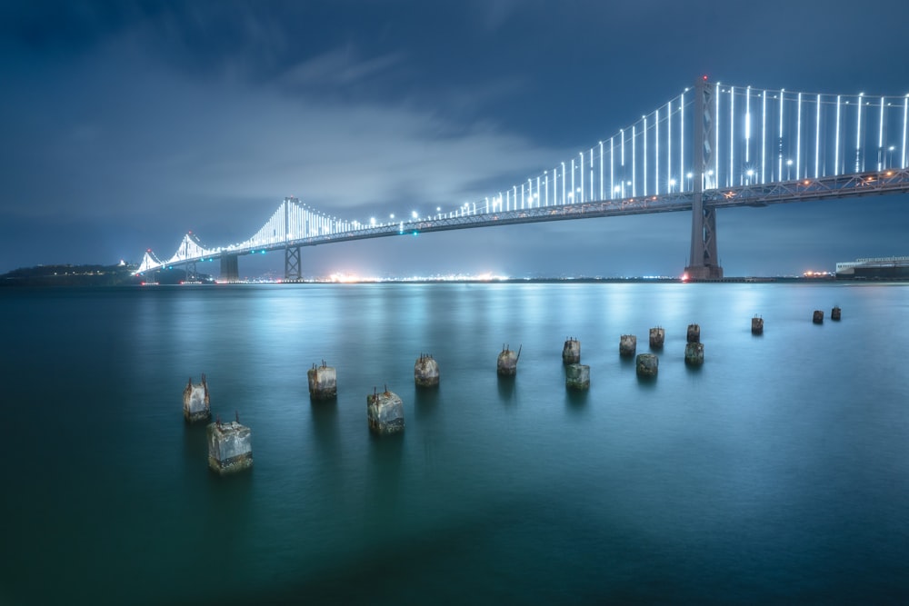 a long exposure photo of the bay bridge at night