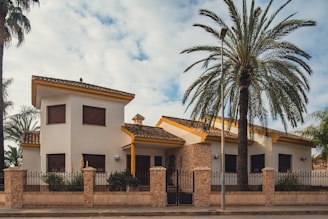 a house with a fence and palm trees in front of it