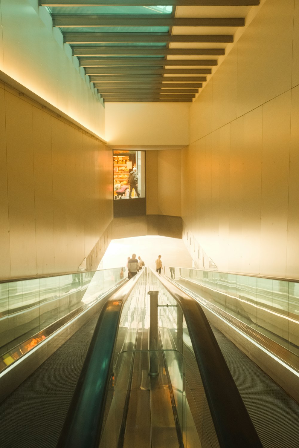 a person riding an escalator in a building