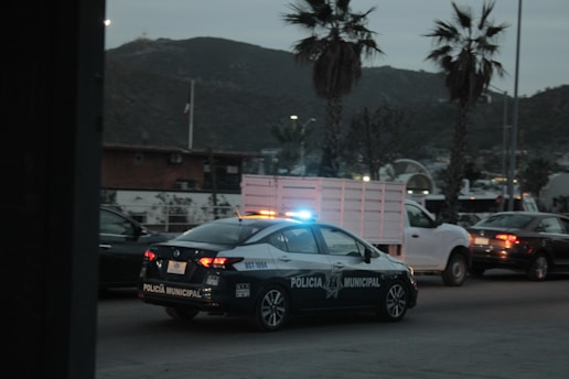 a police car driving down a street next to palm trees