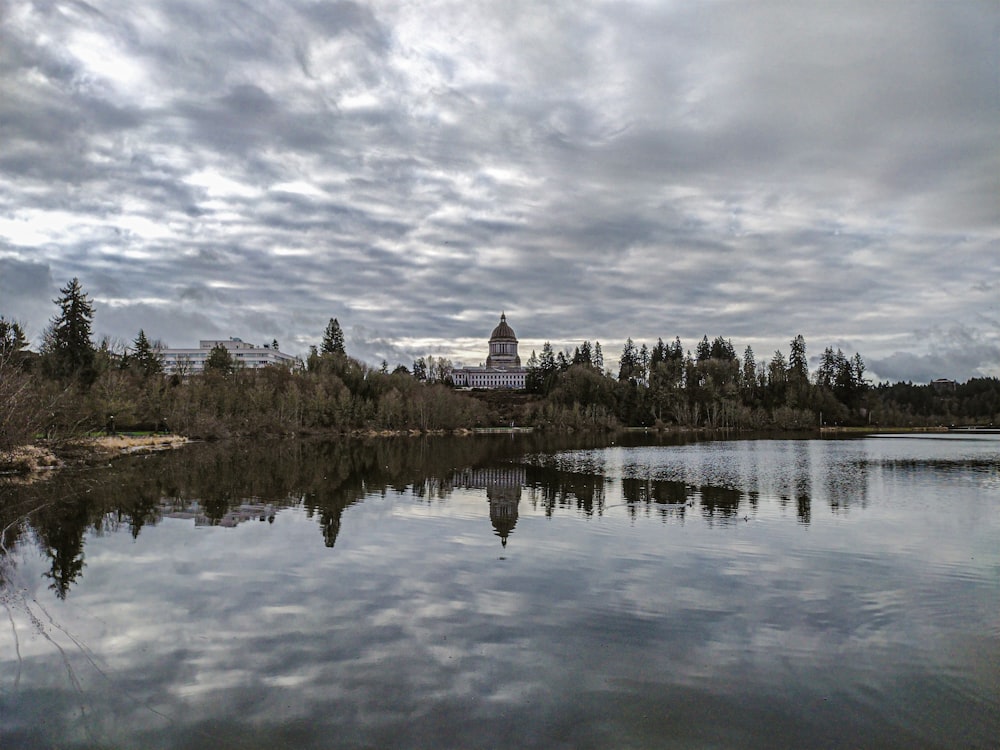 a large body of water surrounded by trees