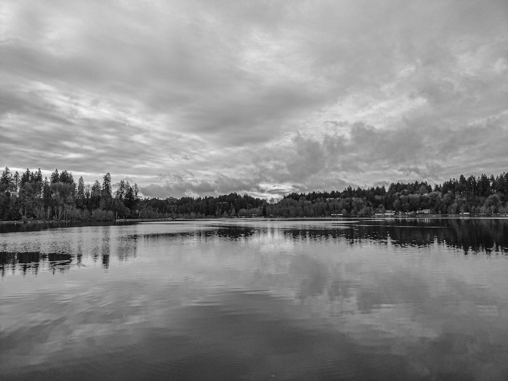 a black and white photo of a lake