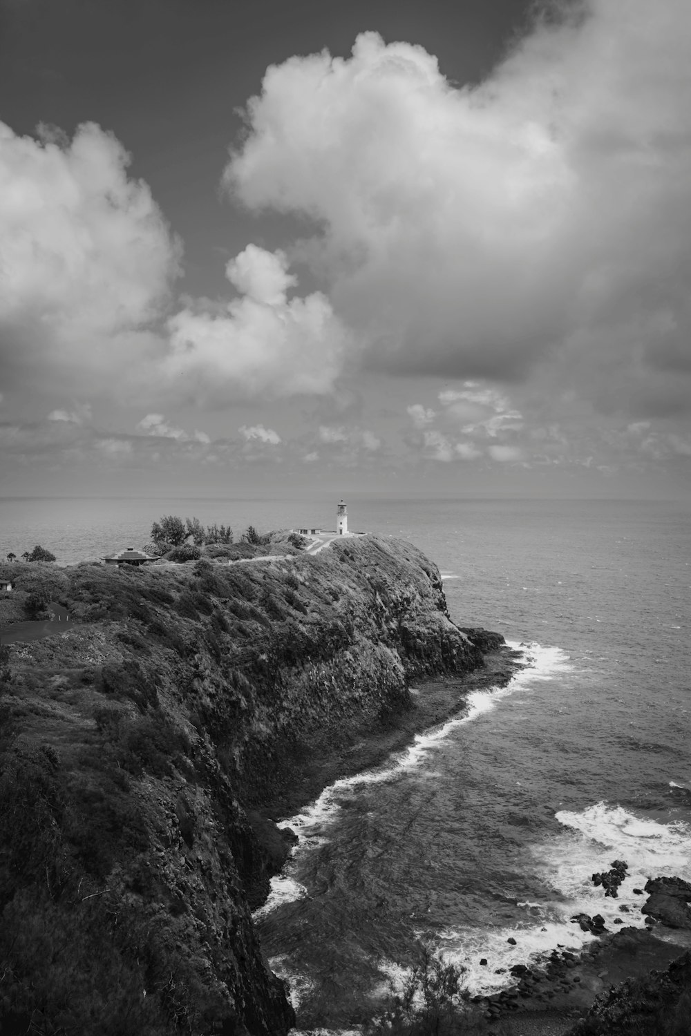 a black and white photo of a lighthouse on a cliff
