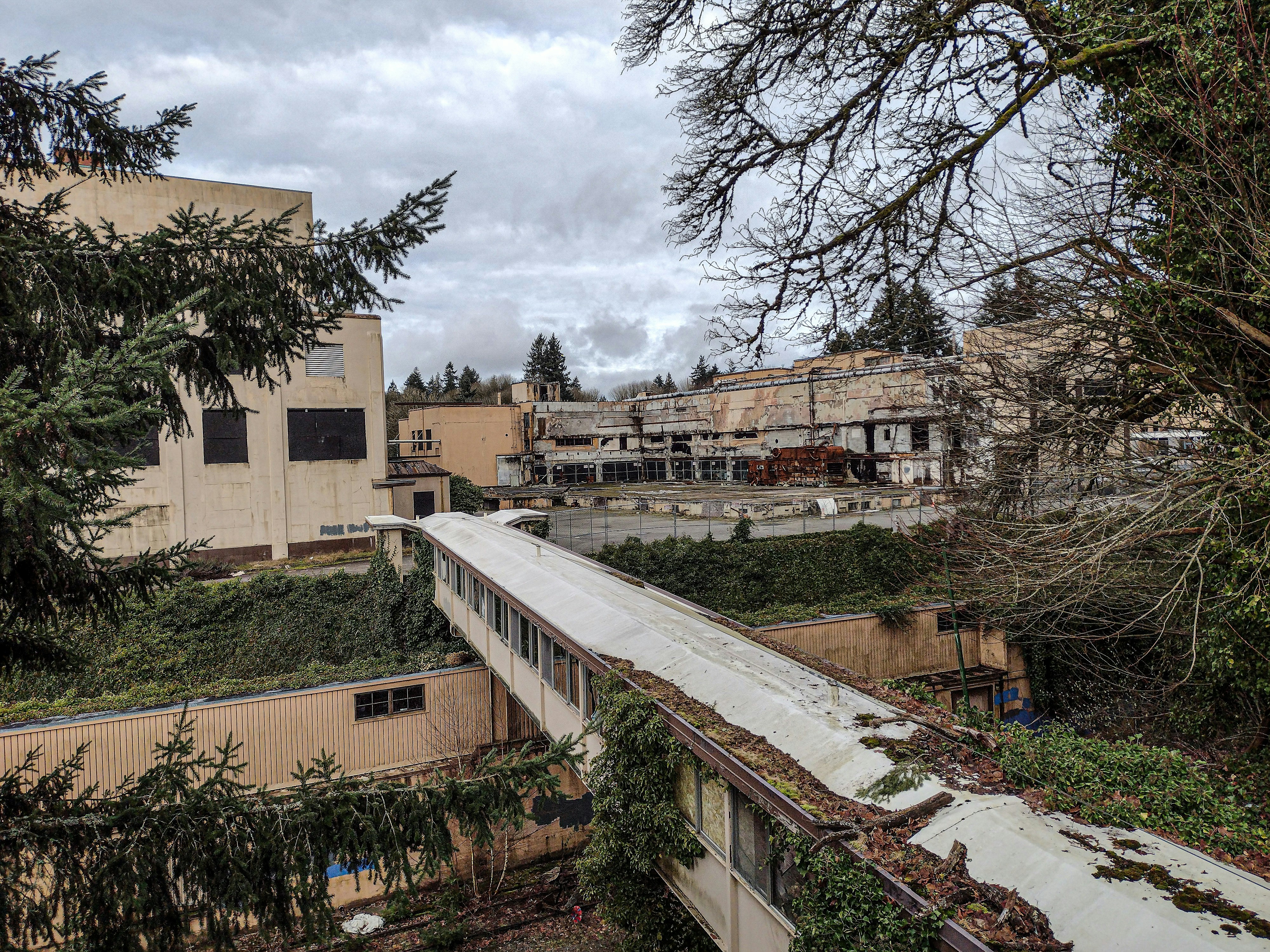 Un bâtiment abandonné avec un toit vert