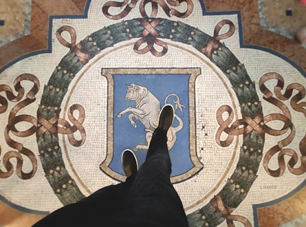 a hand pointing at a blue and white shield with a lion on it