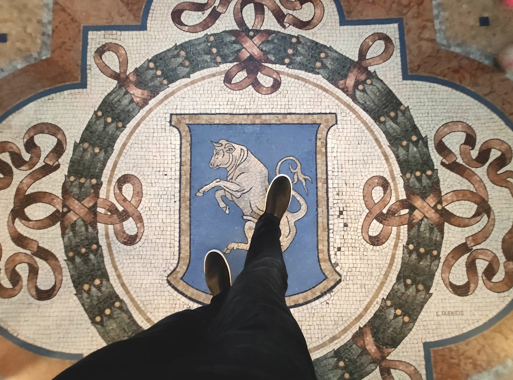 a hand pointing at a blue and white shield with a lion on it