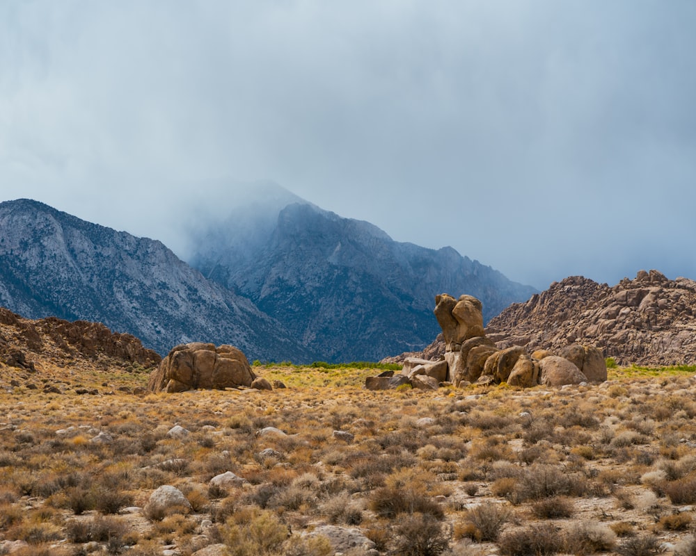 a rocky landscape with mountains in the background