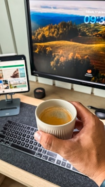 a person holding a cup of coffee in front of a computer