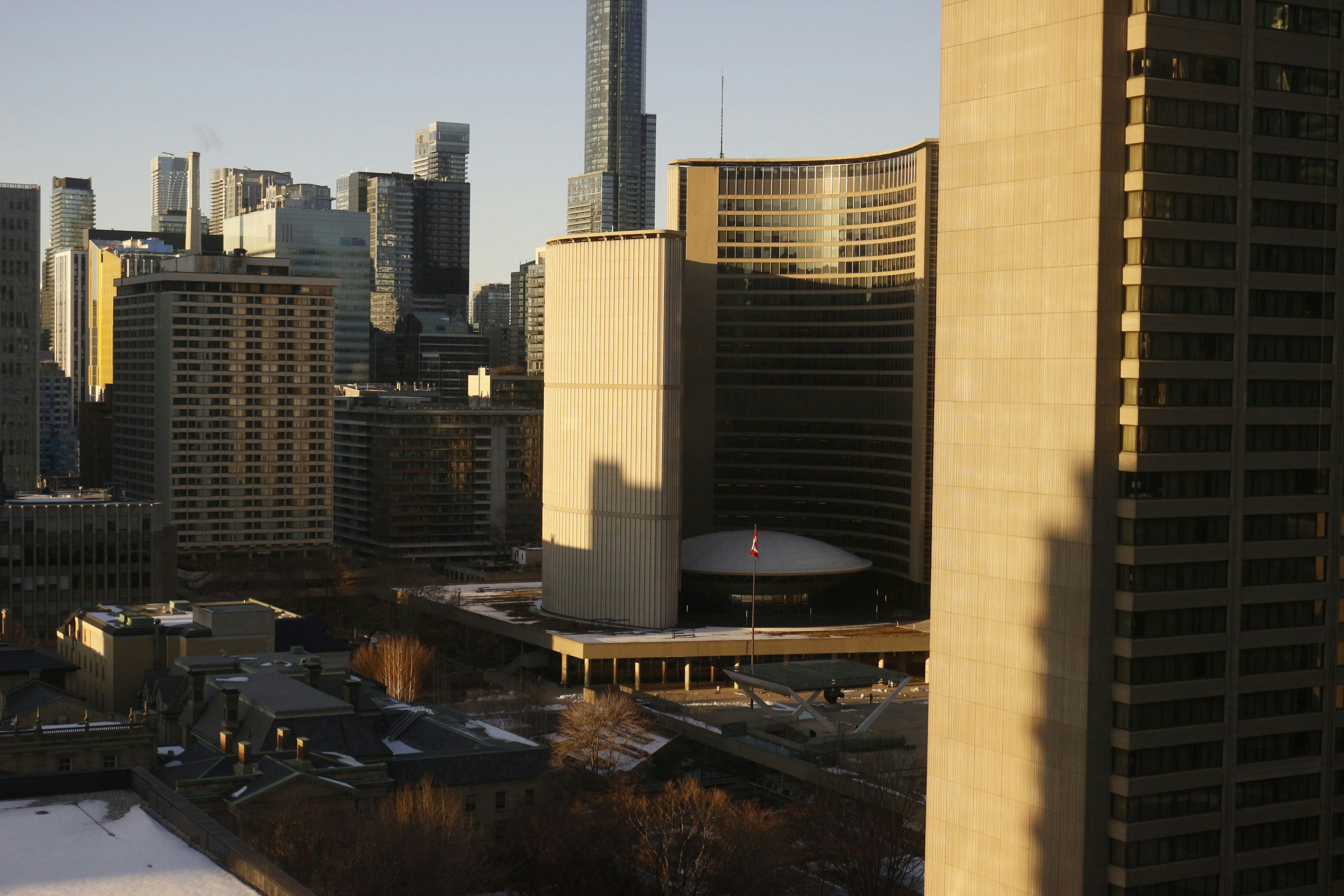 A view of the Toronto City Hall, Captured from the 32nd floor of the Hilton Hotel Toronto, during sun set.