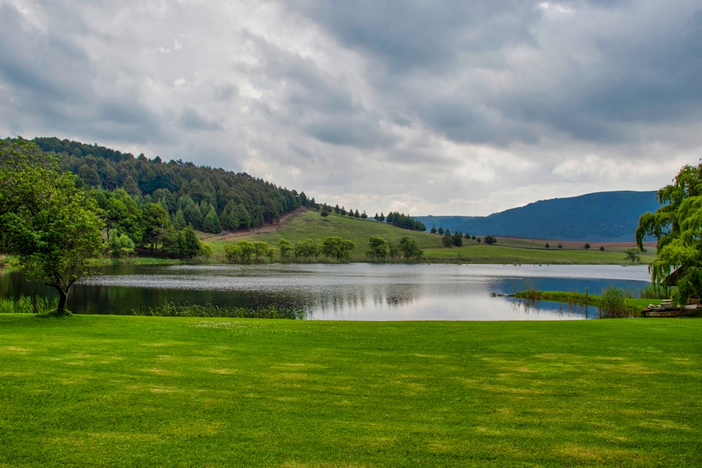 a grassy field with a lake in the background