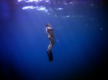 a woman in a bikini swims in the water