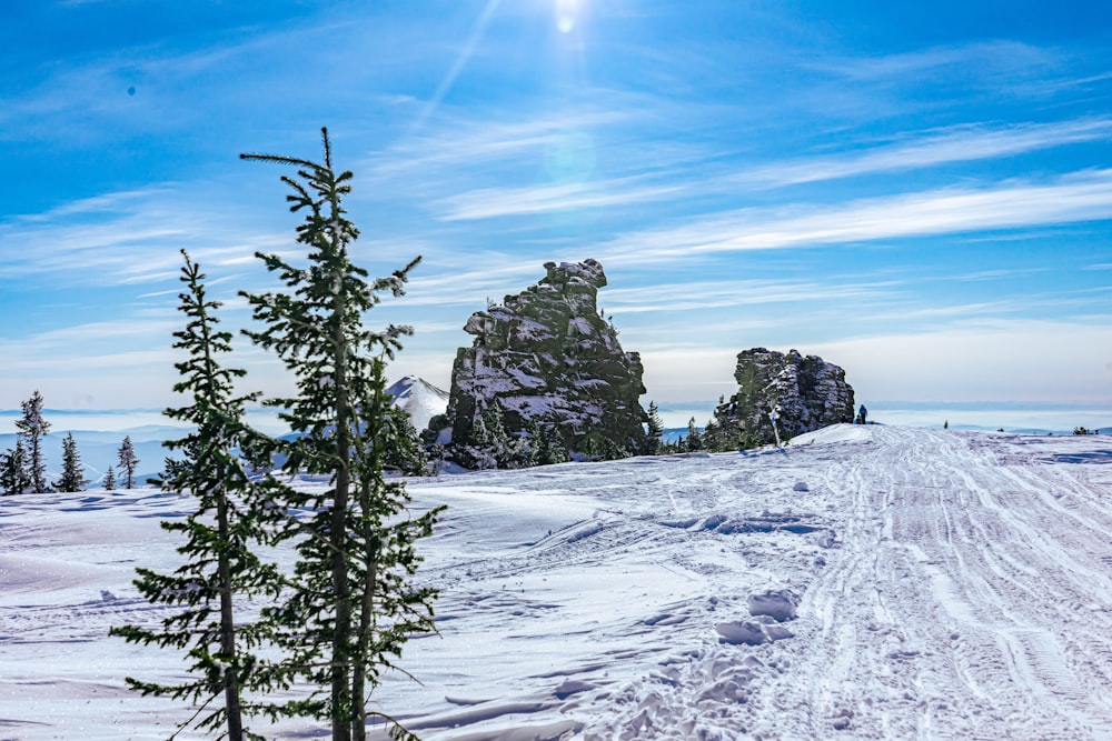 a snow covered road with trees and a mountain in the background