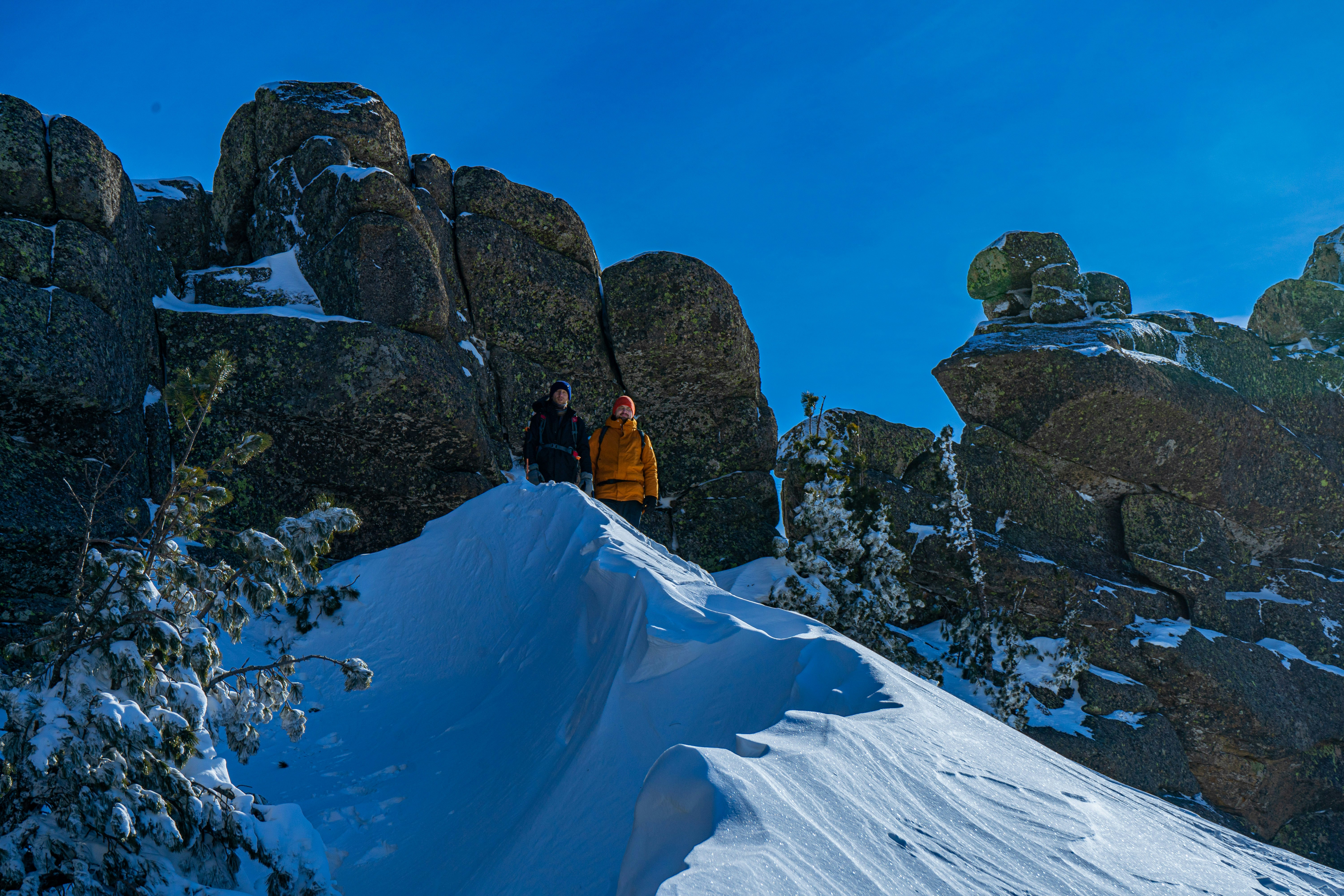 пара человек стоит на вершине заснеженного склона