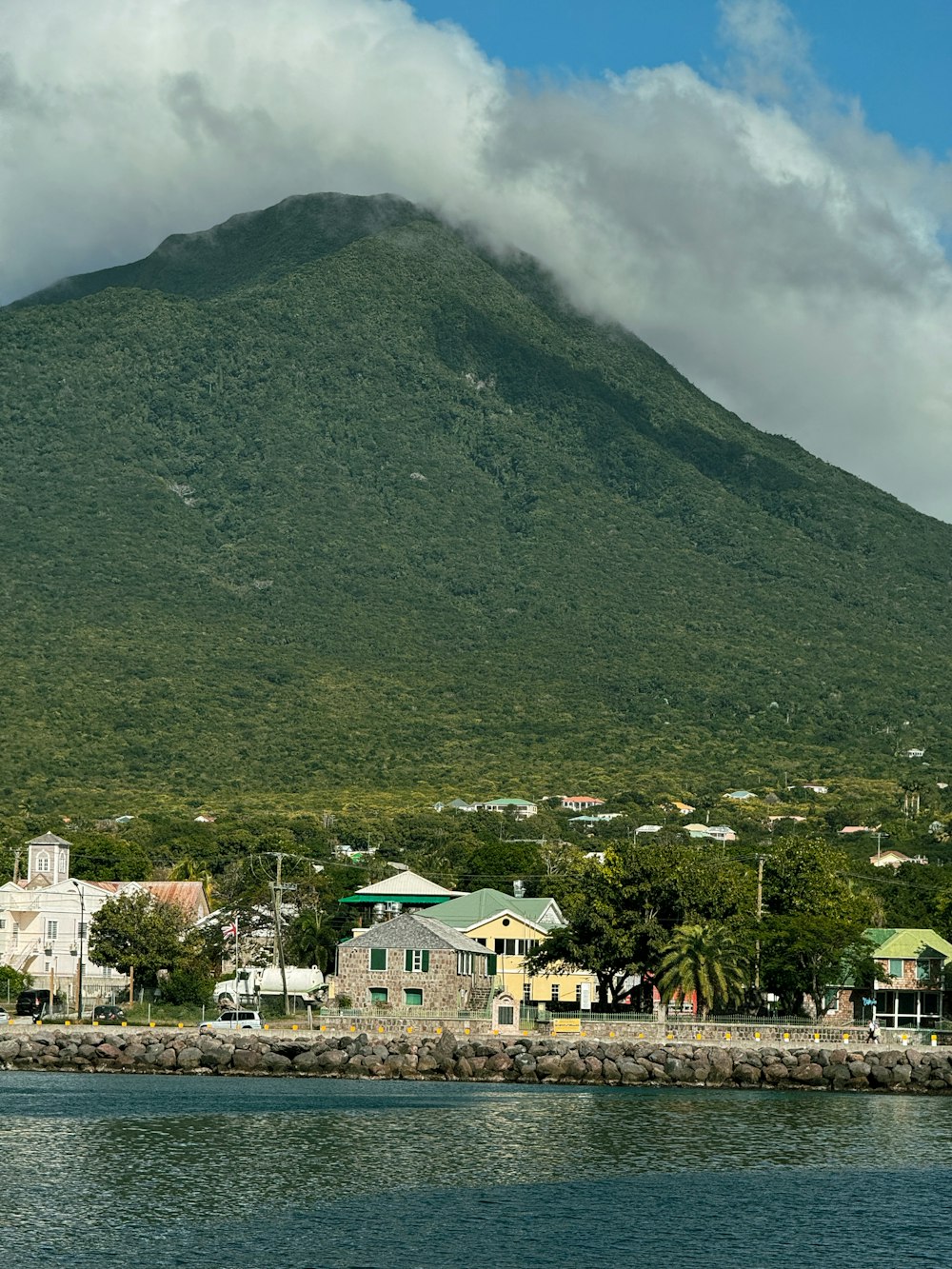 a view of a city with a mountain in the background