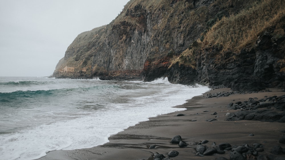 a rocky beach with waves coming in to shore