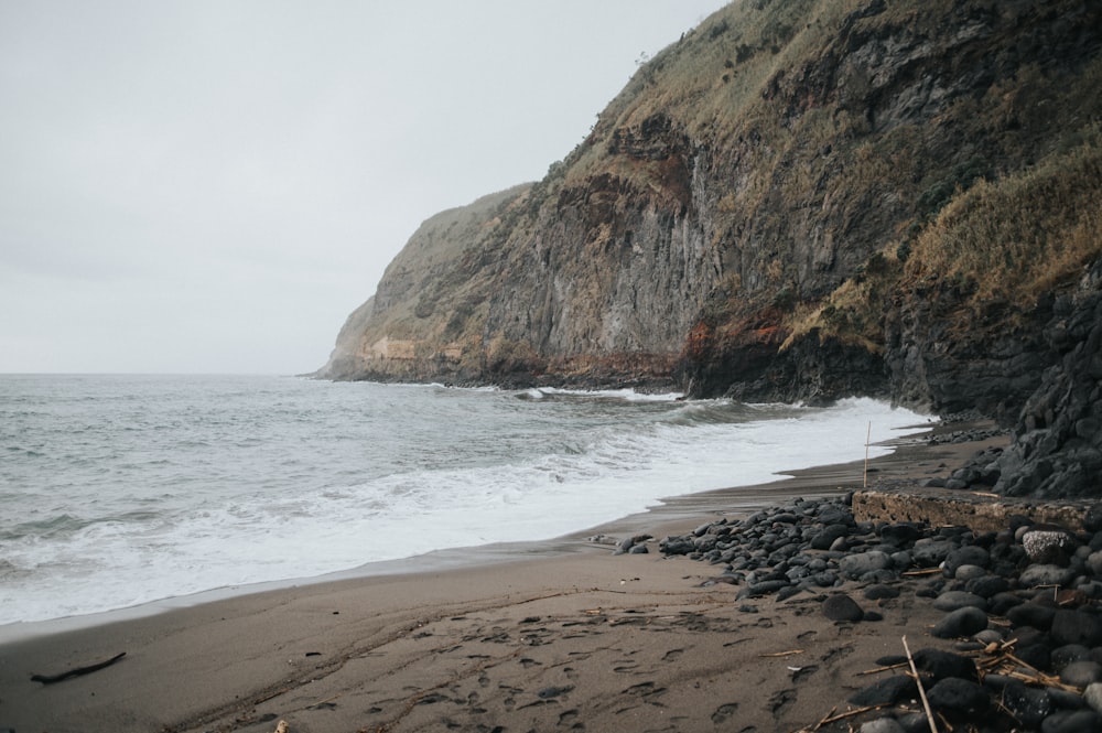 a rocky beach next to the ocean with a cliff in the background