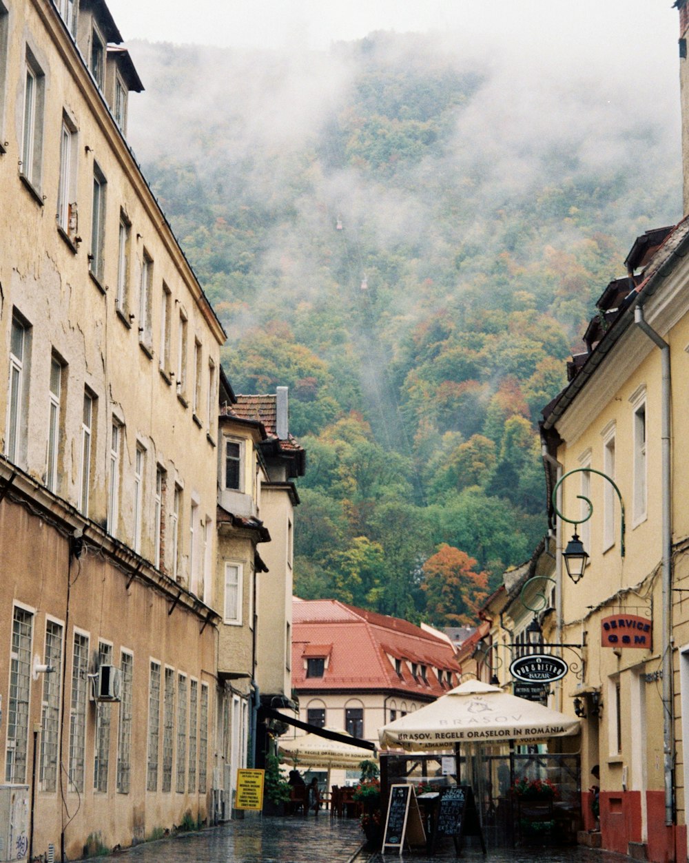 a wet street with buildings and a mountain in the background