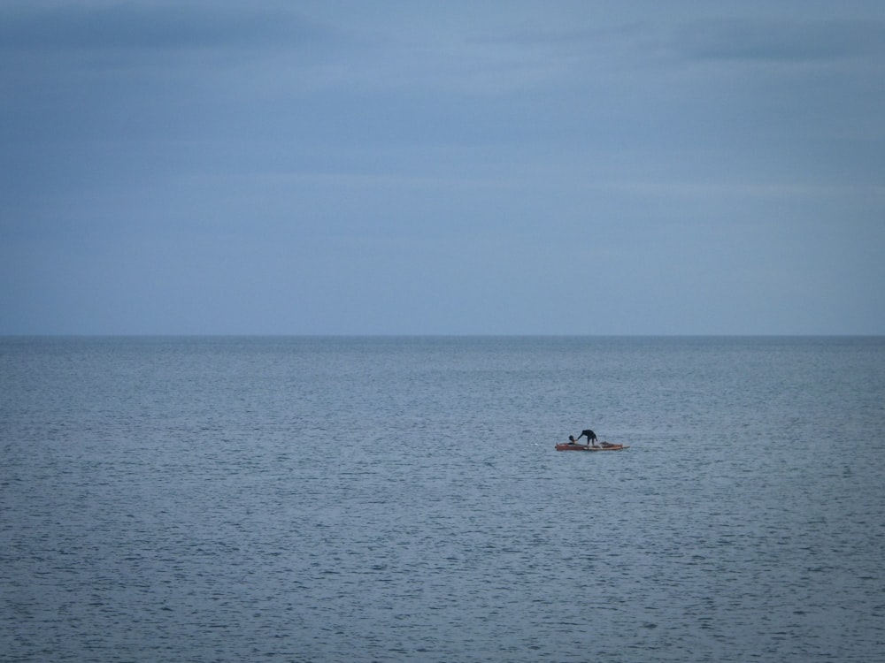 two people in a small boat in the middle of the ocean