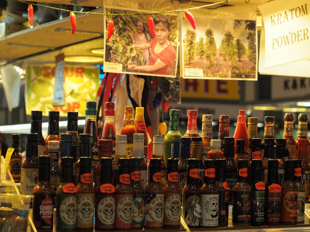a display of hot sauces and condiments for sale
