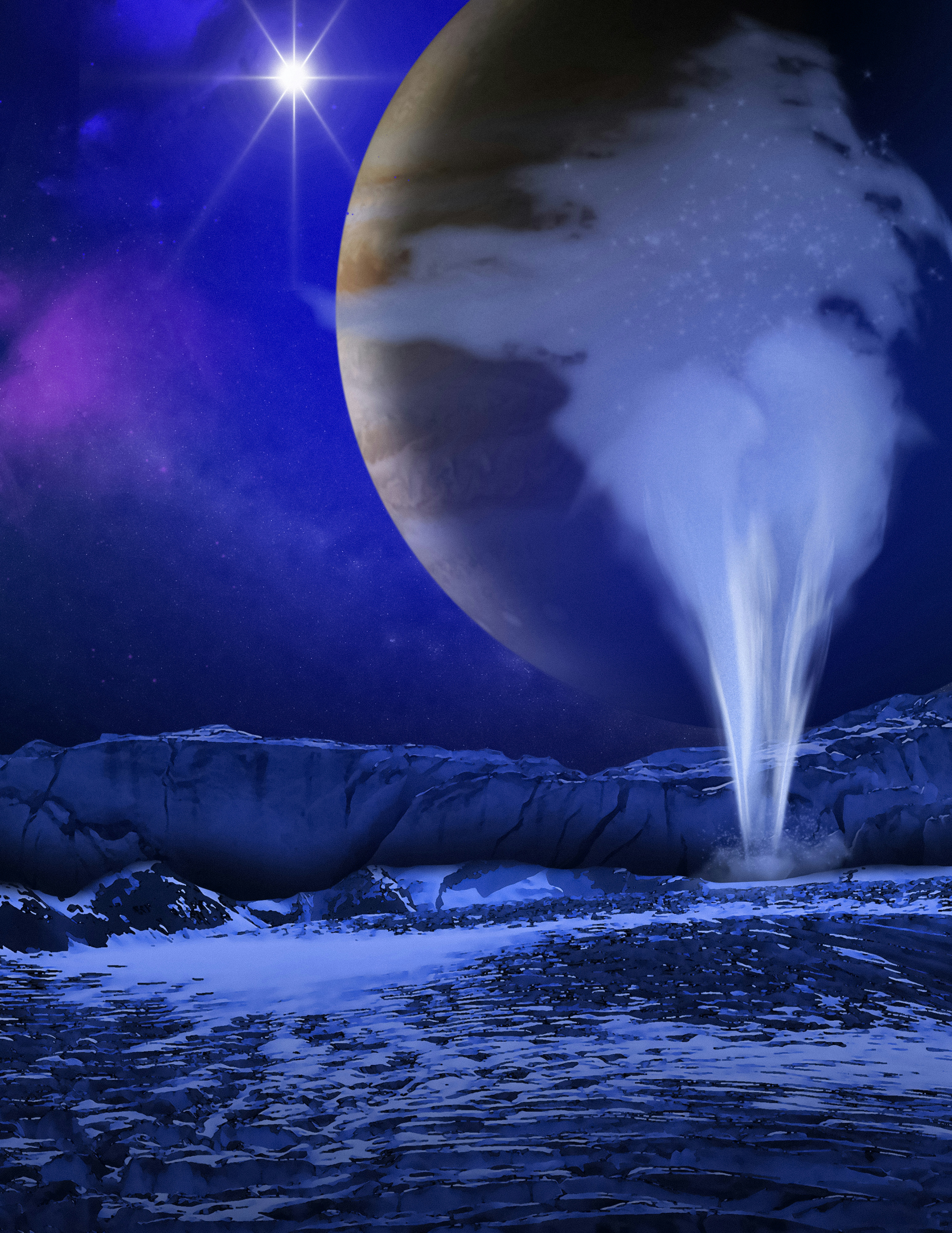 Artist's Concept of Europa Water Vapor Plume Caption This is an artist's concept of a plume of water vapor thought to be ejected off of the frigid, icy surface of the Jovian moon Europa, located 500 million miles from the Sun. Credits Artwork Credit: NASA, ESA, and K. Retherford (Southwest Research Institute)