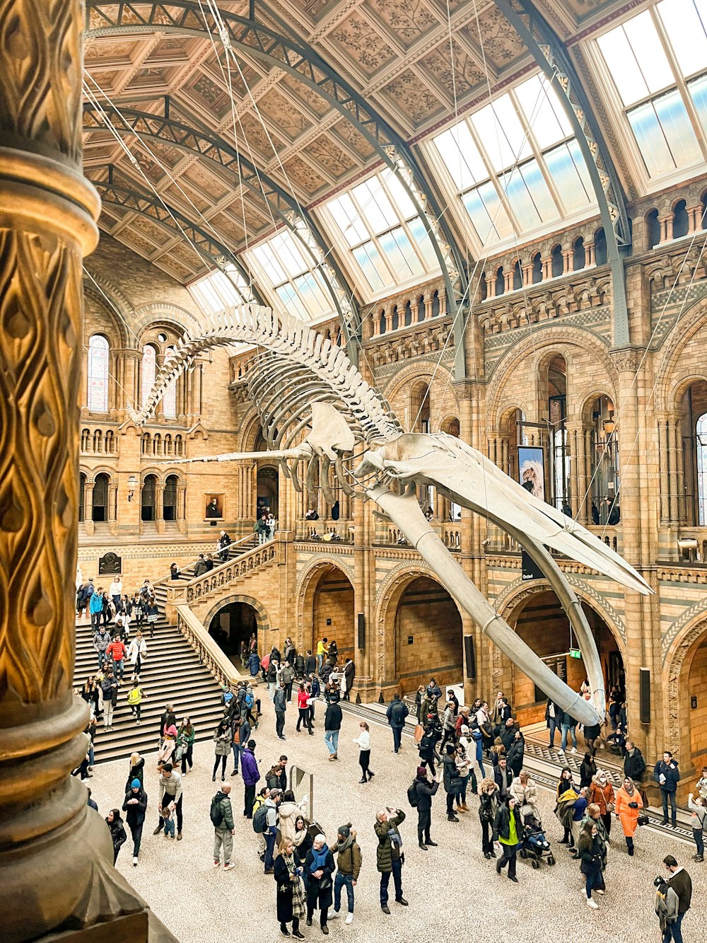 a group of people standing around a museum